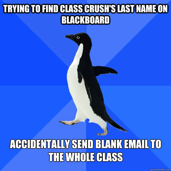 trying to find class crush's last name on blackboard  accidentally send blank email to the whole class   Socially Awkward Penguin