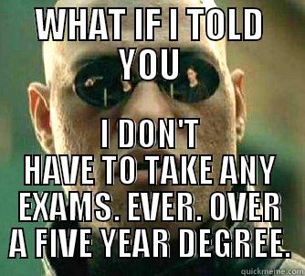 WHAT IF I TOLD YOU I DON'T HAVE TO TAKE ANY EXAMS. EVER. OVER A FIVE YEAR DEGREE. Matrix Morpheus