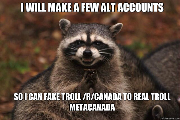 I will make a few alt accounts so I can fake troll /r/canada to real troll metacanada  evil racoon