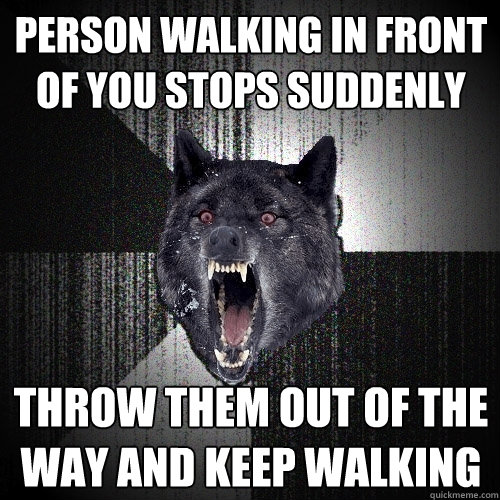 person walking in front of you stops suddenly throw them out of the way and keep walking - person walking in front of you stops suddenly throw them out of the way and keep walking  Insanity Wolf