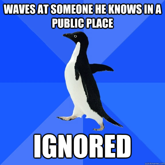 Waves at someone he knows in a public place Ignored  Socially Awkward Penguin
