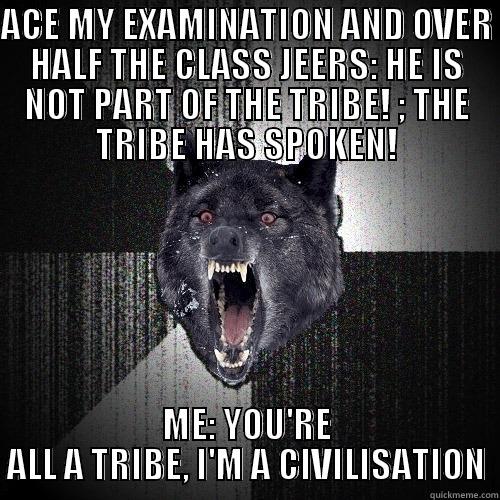 ACE MY EXAMINATION AND OVER HALF THE CLASS JEERS: HE IS NOT PART OF THE TRIBE! ; THE TRIBE HAS SPOKEN! ME: YOU'RE ALL A TRIBE, I'M A CIVILISATION Insanity Wolf