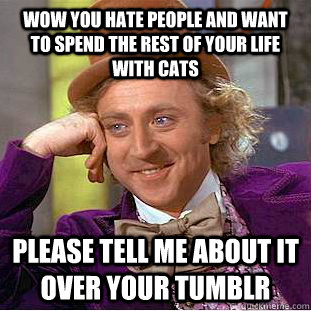 wow you hate people and want to spend the rest of your life with cats please tell me about it  over your tumblr  Condescending Wonka