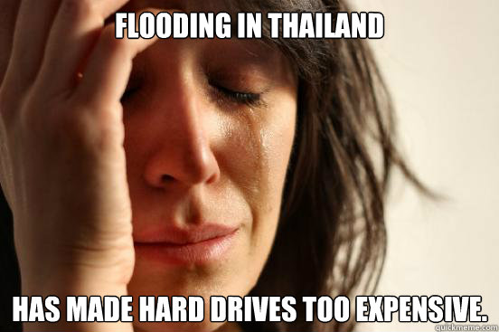 Flooding in Thailand Has made hard drives too expensive.  First World Problems