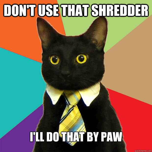 Don't use that shredder I'll do that by paw  Business Cat