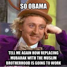 So Obama Tell me again how replacing Mubarak with The Muslim Brotherhood is going to work  WILLY WONKA SARCASM