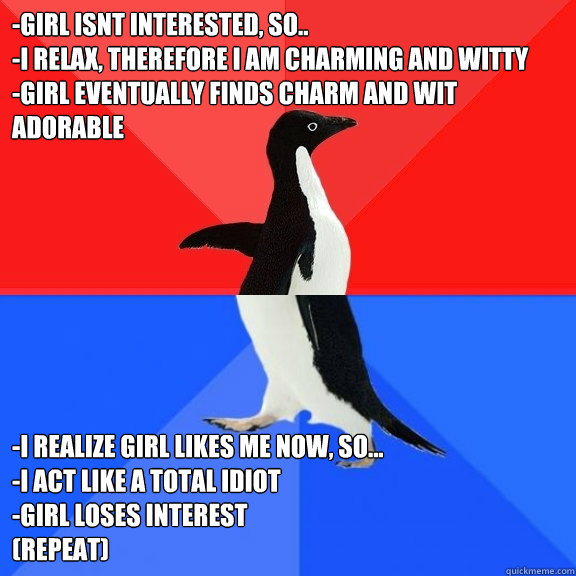 -girl isnt interested, so..
-I relax, therefore I am charming and witty
-girl eventually finds charm and wit adorable -I realize girl likes me now, so...
-I act like a total idiot
-girl loses interest
(repeat)
  Socially Awksome Penguin