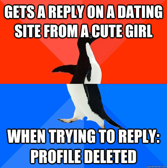 Gets a reply on a dating site from a cute girl When trying to reply: Profile deleted  Socially Awesome Awkward Penguin