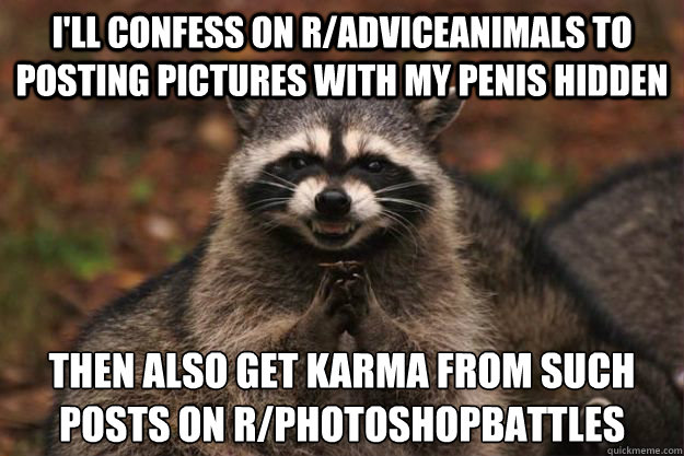I'll confess on r/Adviceanimals to  posting pictures with my penis hidden then also get karma from such posts on r/photoshopbattles - I'll confess on r/Adviceanimals to  posting pictures with my penis hidden then also get karma from such posts on r/photoshopbattles  Evil genius racoon