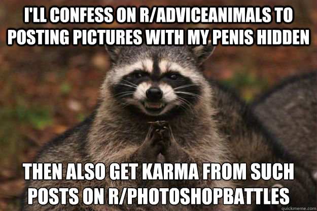 I'll confess on r/Adviceanimals to  posting pictures with my penis hidden then also get karma from such posts on r/photoshopbattles  Evil genius racoon