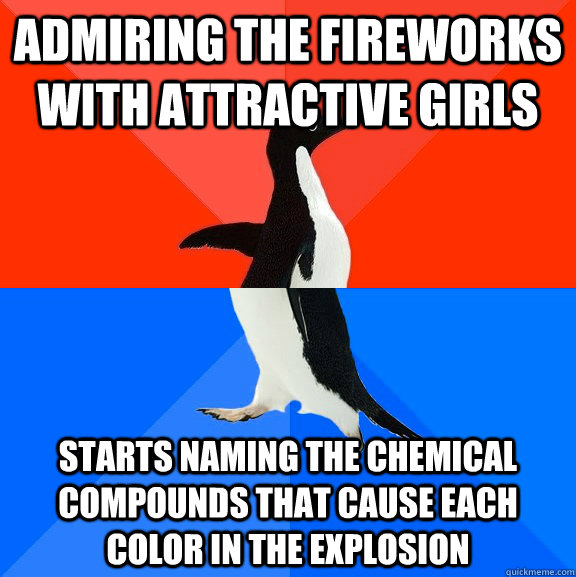 Admiring the fireworks with attractive girls starts naming the chemical compounds that cause each color in the explosion   Socially Awesome Awkward Penguin