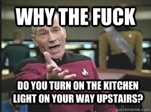 Why the fuck do you turn on the kitchen light on your way upstairs?  Annoyed Picard