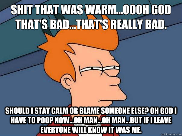 shit that was warm...oooh god that's bad...that's really bad.  Should I stay calm or blame someone else? oh god I have to poop now...oh man...oh man...but If i leave everyone will know it was me.   - shit that was warm...oooh god that's bad...that's really bad.  Should I stay calm or blame someone else? oh god I have to poop now...oh man...oh man...but If i leave everyone will know it was me.    Futurama Fry