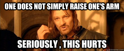One does not simply raise one's arm Seriously , this hurts  One Does Not Simply