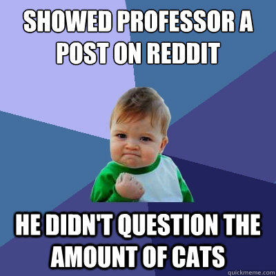 Showed professor a post on reddit He didn't question the amount of cats  Success Kid