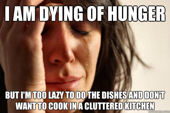 I am dying of hunger but I'm too lazy to do the dishes and don't want to cook in a cluttered kitchen  First World Problems