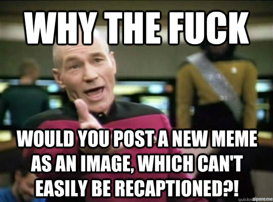 Why the fuck would you post a new meme as an image, which can't easily be recaptioned?!  Annoyed Picard HD