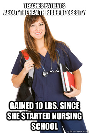 Teaches Patients
about the health risks of obesity Gained 10 lbs. since she started nursing school - Teaches Patients
about the health risks of obesity Gained 10 lbs. since she started nursing school  Nursing Student