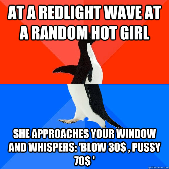 at a redlight wave at a random hot girl she approaches your window and whispers: 'blow 30$ , pussy 70$ '  Socially Awesome Awkward Penguin