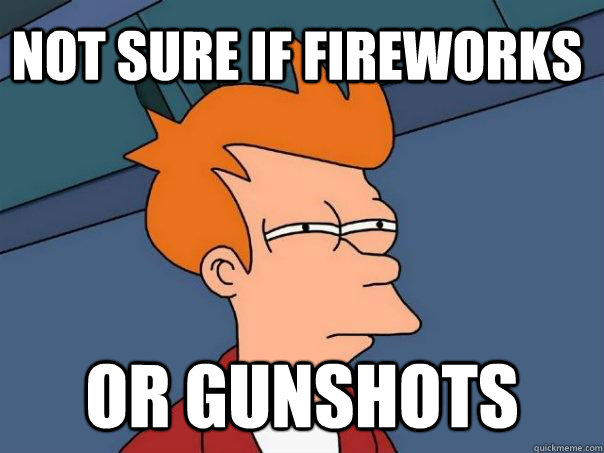 Not sure if fireworks or gunshots  Futurama Fry