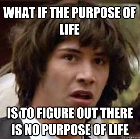 What if the purpose of life is to figure out there is no purpose of life - What if the purpose of life is to figure out there is no purpose of life  conspiracy keanu