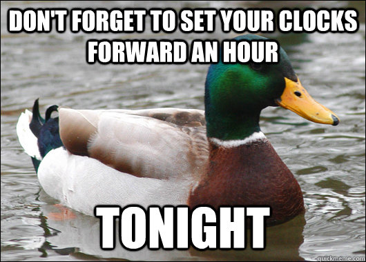 don't forget to set your clocks forward an hour tonight  Actual Advice Mallard