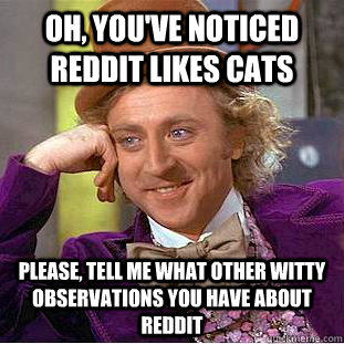 Oh, You've noticed Reddit likes cats Please, tell me what other witty observations you have about reddit  Psychotic Willy Wonka