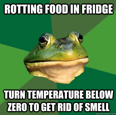 Rotting food in fridge turn temperature below zero to get rid of smell   Foul Bachelor Frog