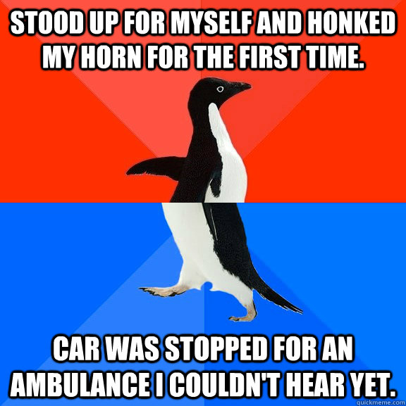 Stood up for myself and honked my horn for the first time. Car was stopped for an Ambulance I couldn't hear yet.  Socially Awesome Awkward Penguin