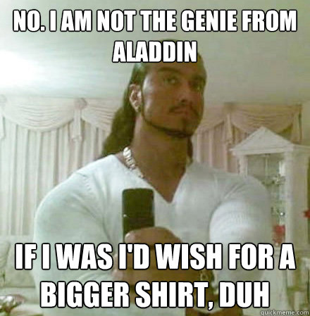 no. i am not the genie from aladdin  if i was i'd wish for a bigger shirt, duh  Guido Jesus