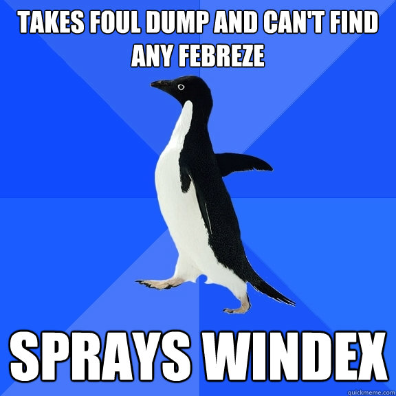 takes foul dump and can't find any febreze sprays windex  Socially Awkward Penguin
