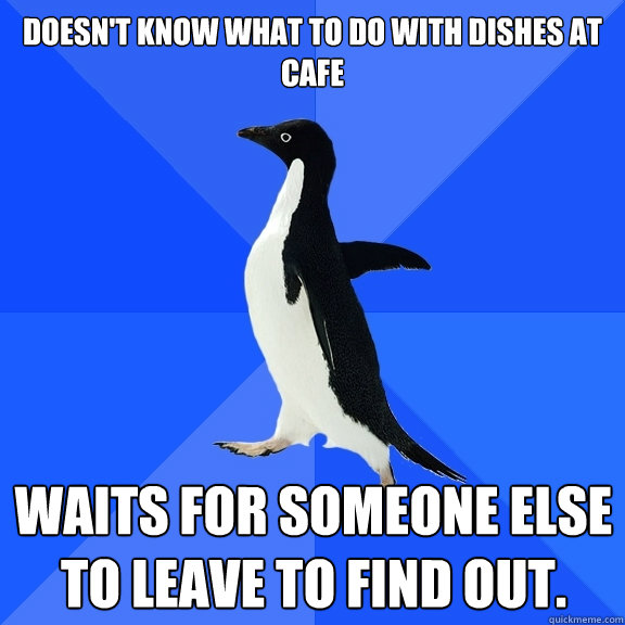 Doesn't know what to do with dishes at cafe Waits for someone else to leave to find out.  Socially Awkward Penguin
