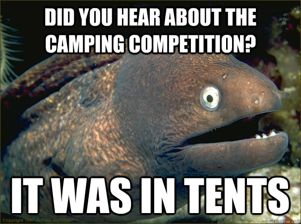 did you hear about the camping competition? it was in tents - did you hear about the camping competition? it was in tents  Bad Joke Eel