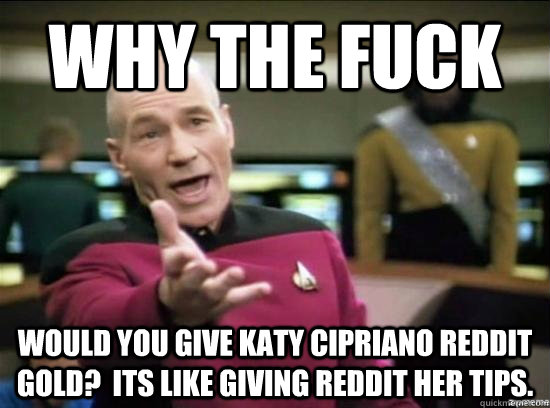 Why the fuck Would you give Katy Cipriano reddit gold?  Its like giving Reddit her tips.  Annoyed Picard HD