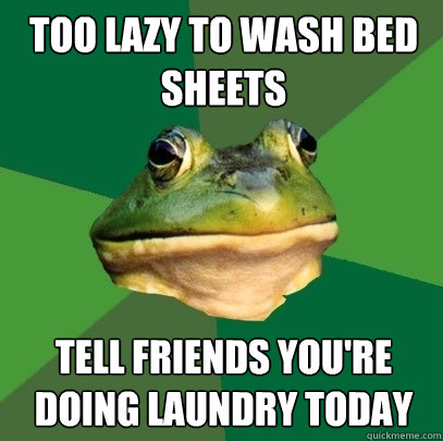 Too lazy to wash bed sheets Tell friends you're doing laundry today  Foul Bachelor Frog