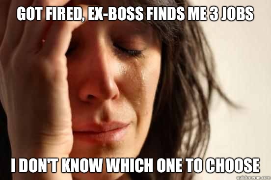 Got fired, ex-boss finds me 3 jobs I don't know which one to choose  First World Problems