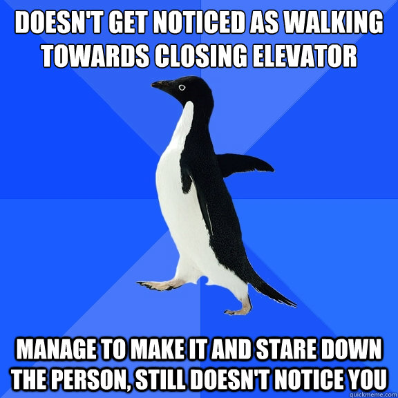 Doesn't get noticed as walking towards closing elevator Manage to make it and stare down the person, still doesn't notice you  Socially Awkward Penguin