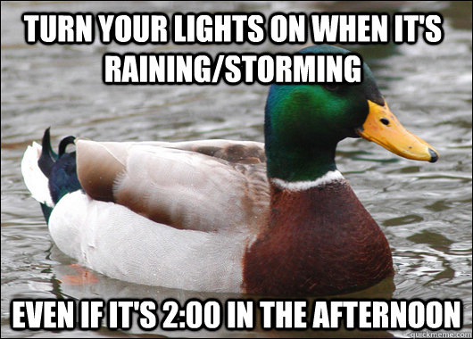 Turn your lights on when it's raining/storming Even if it's 2:00 in the afternoon  Actual Advice Mallard