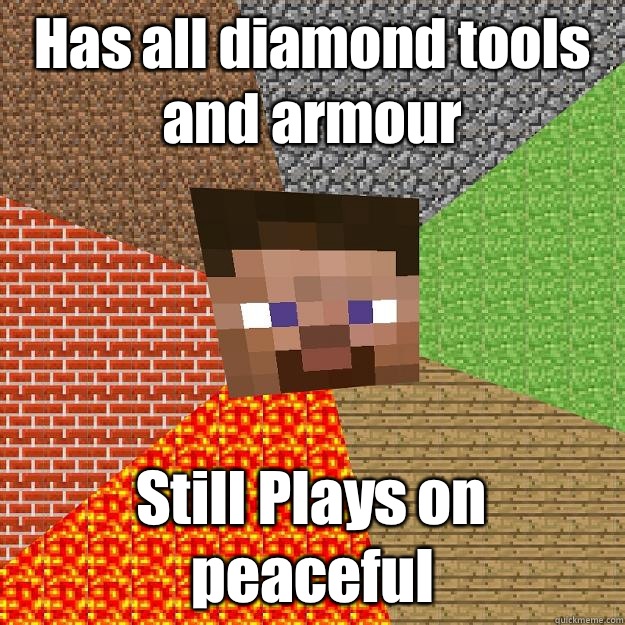Has all diamond tools and armour Still Plays on peaceful  Minecraft