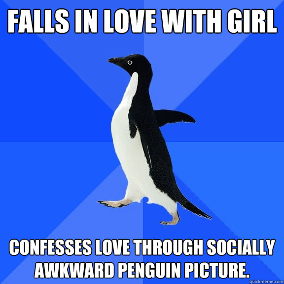 Falls in love with girl Confesses love through Socially Awkward Penguin picture.  Socially Awkward Penguin