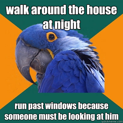 walk around the house at night run past windows because someone must be looking at him - walk around the house at night run past windows because someone must be looking at him  Paranoid Parrot