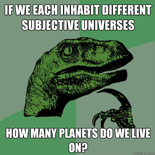 If we each inhabit different subjective universes how many planets do we live on?  Philosoraptor