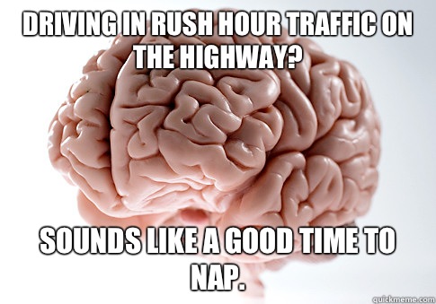 Driving in rush hour traffic on the highway? Sounds like a good time to nap.  Scumbag Brain