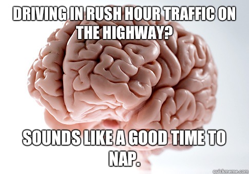 Driving in rush hour traffic on the highway? Sounds like a good time to nap. - Driving in rush hour traffic on the highway? Sounds like a good time to nap.  Scumbag Brain