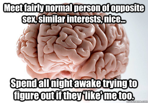 Meet fairly normal person of opposite sex, similar interests, nice... Spend all night awake trying to figure out if they 'like' me too.   Scumbag Brain