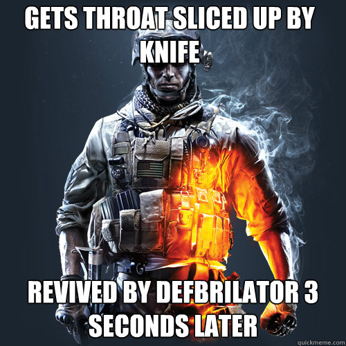 Gets throat sliced up by knife Revived by defbrilator 3 seconds later  