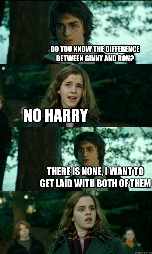 Do you know the difference between Ginny and Ron? No Harry There is none, I want to get laid with both of them  Horny Harry