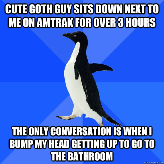Cute goth guy sits down next to me on amtrak for over 3 hours The only conversation is when I bump my head getting up to go to the bathroom  Socially Awkward Penguin