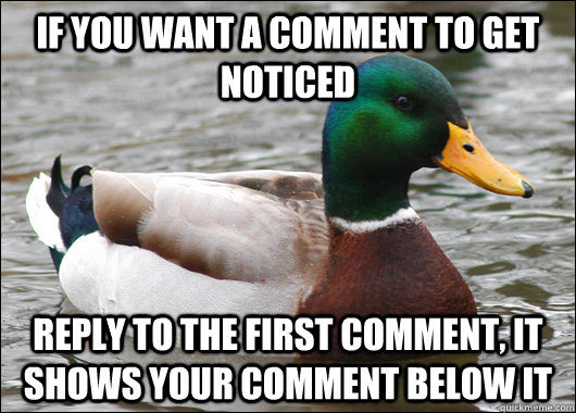 if you want a comment to get noticed reply to the first comment, it shows your comment below it  Actual Advice Mallard