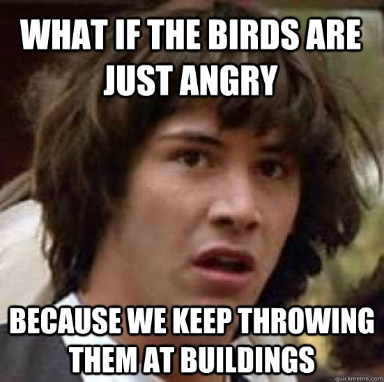 what if the birds are just angry because we keep throwing them at buildings  conspiracy keanu